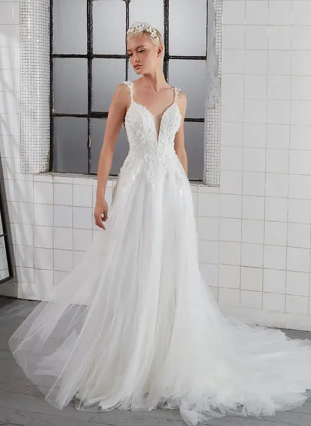 Raven by Avenue by Josephine Scott: A-Line silhouette, deep V-neck neckline, detachable sleeves, lace