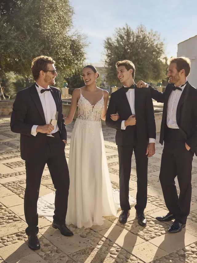 Grand by Modeca Bridal: A-Line silhouette, V-neck neckline, chiffon, chapel train