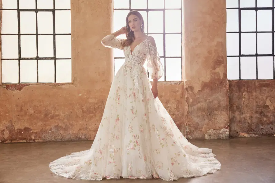 Elora by Josephine Scott: A-Line silhouette, V-neck neckline, long sleeves, lace
