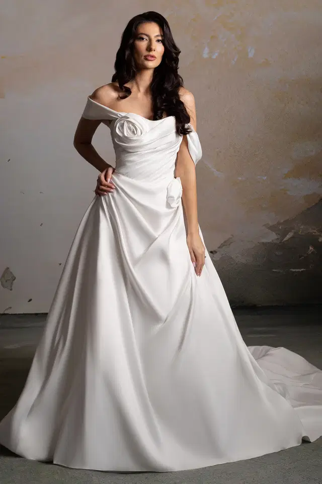 Riley by Donna Salado Bridal: Ball Gown silhouette, off-shoulder neckline, off-the-shoulder sleeves, satin
