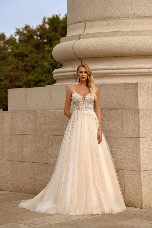 8271 by Monica Loretti: A-Line silhouette, deep V-neck neckline, lace