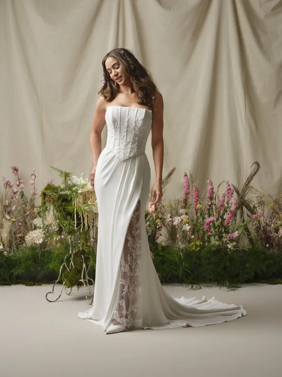 Terry by Rebecca Ingram: Fit & Flare silhouette, cat eye neckline, crepe