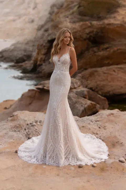 A128 Charlotte wedding dress by Aveline, straight, lace