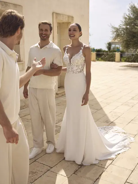 Gaelle wedding dress by Modeca Bridal, fit & flare, crepe