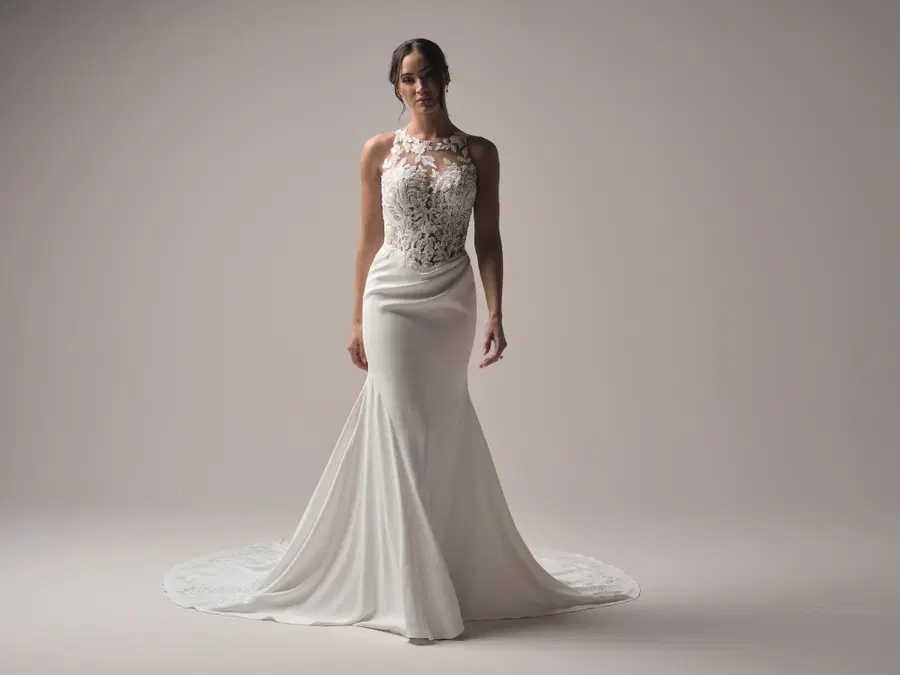 Florentina by Maggie Sottero: Mermaid silhouette, high / halter neckline, sleeveless, crepe
