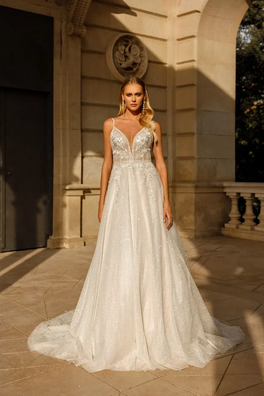 3514 by Monica Loretti: A-Line silhouette, deep V-neck neckline, lace