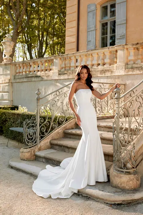 Style 44582 wedding dress by Sincerity Bridal, trumpet, satin