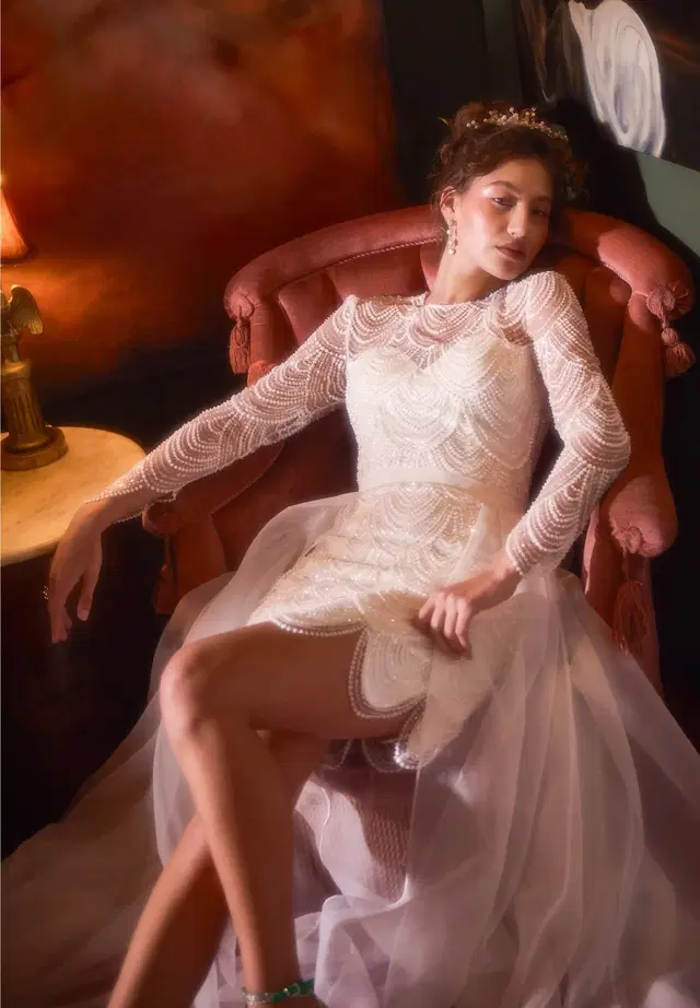 Blakely Dress by Catherine Deane: Short silhouette, long sleeves, lace