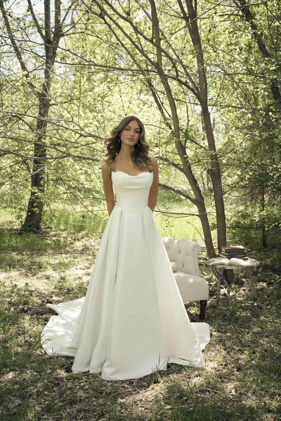 JOANIE by Rebecca Ingram: A-Line silhouette, cat eye neckline, cap sleeves, satin