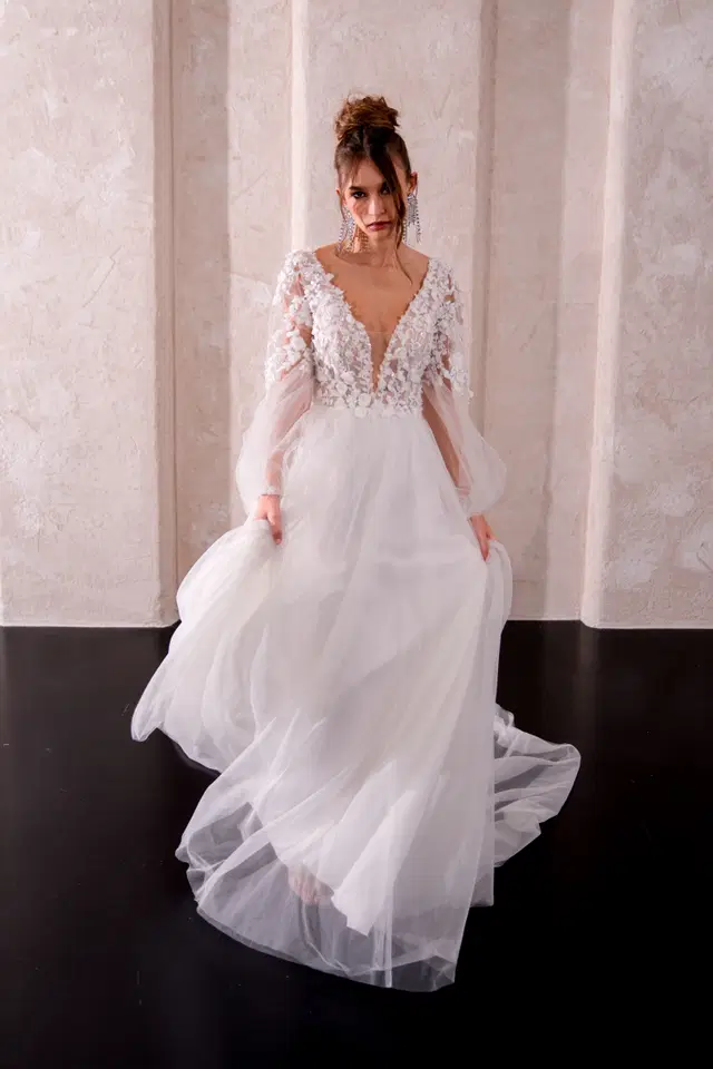 Halo 2511 by Halo: A-Line silhouette, deep V-neck neckline, long sleeves, tulle