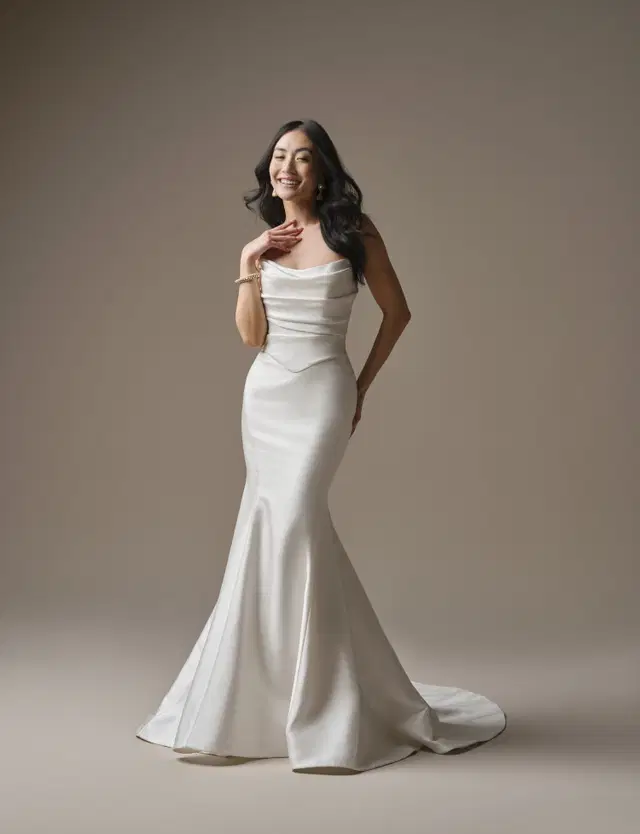 Maureen Lane by Maggie Sottero: A-Line silhouette, cat eye neckline, satin