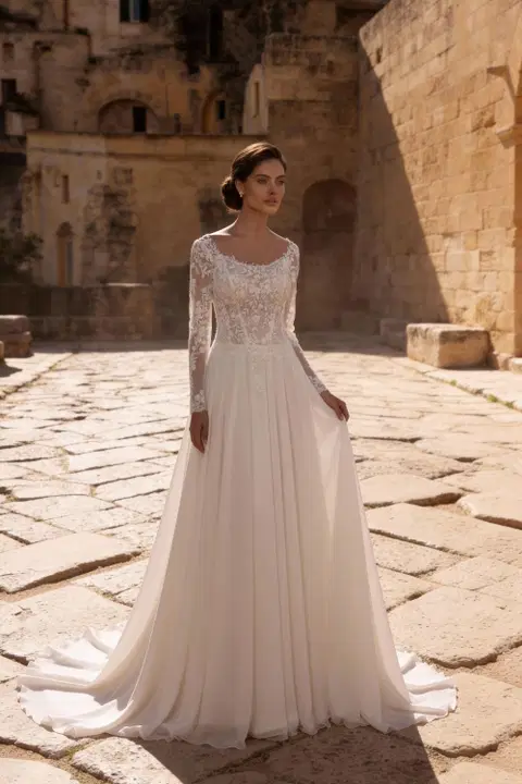 Style 8412 wedding dress by Monica Loretti, A-line, lace