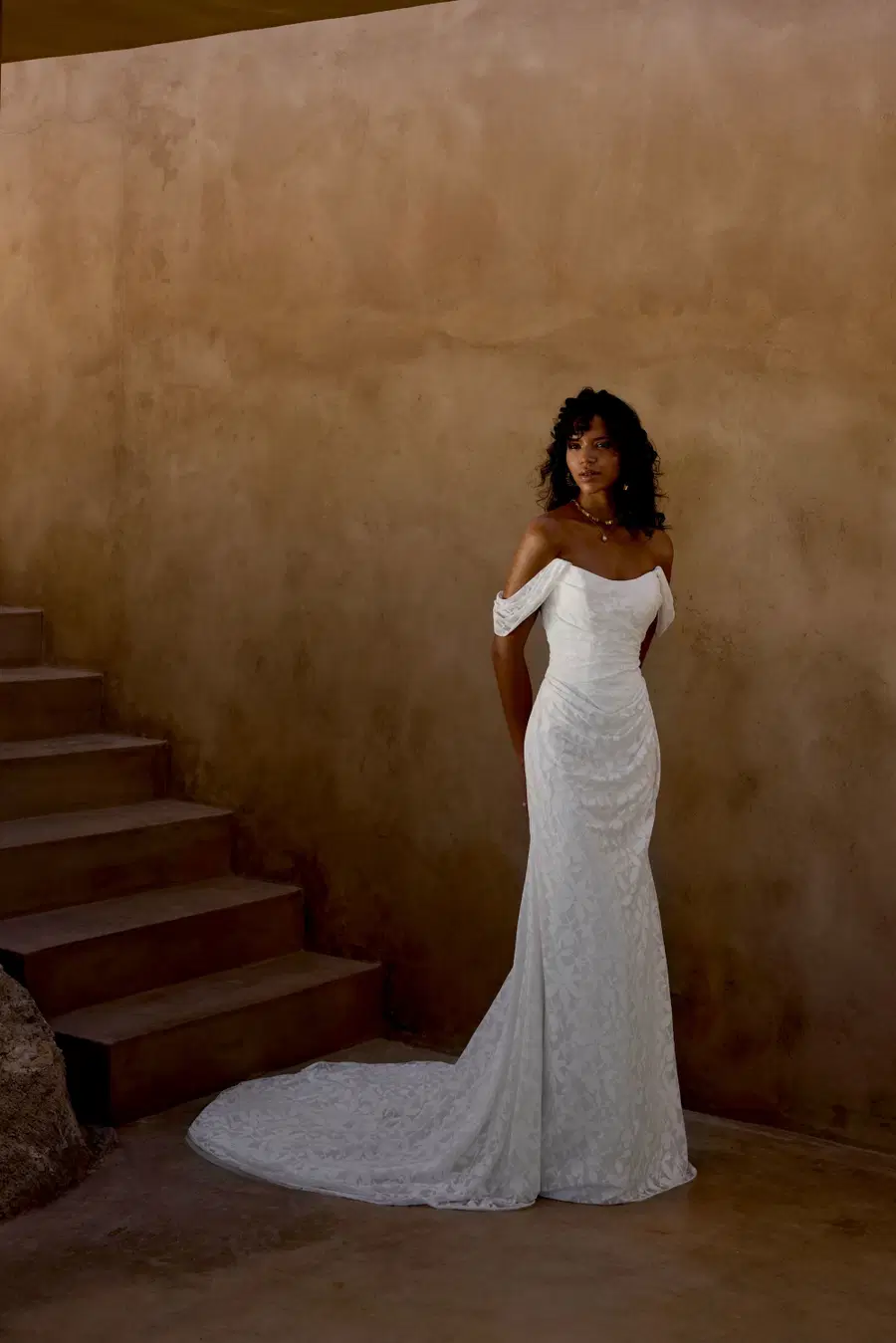 66442 by Lillian West: Trumpet silhouette, off-shoulder neckline, short sleeves, tulle