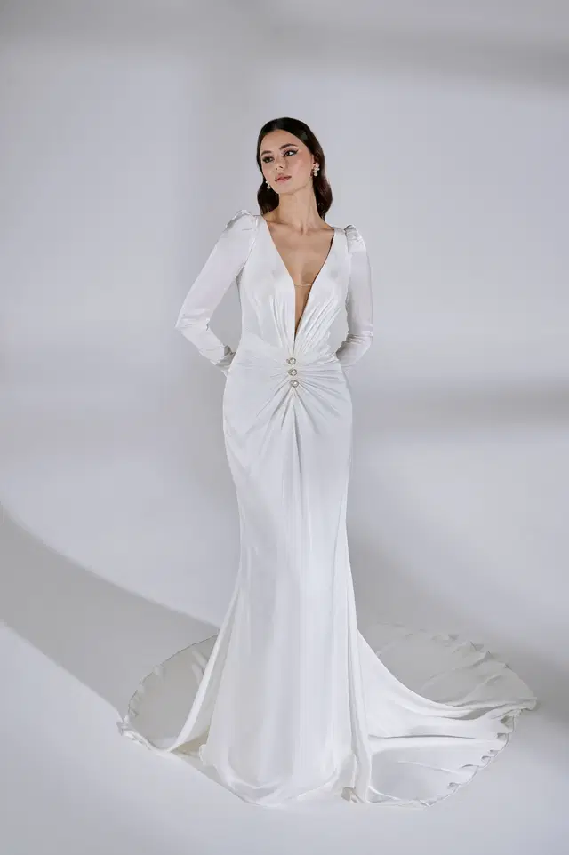 Tribeca by Avenue by Josephine Scott: Trumpet silhouette, deep V-neck neckline, long sleeves, satin