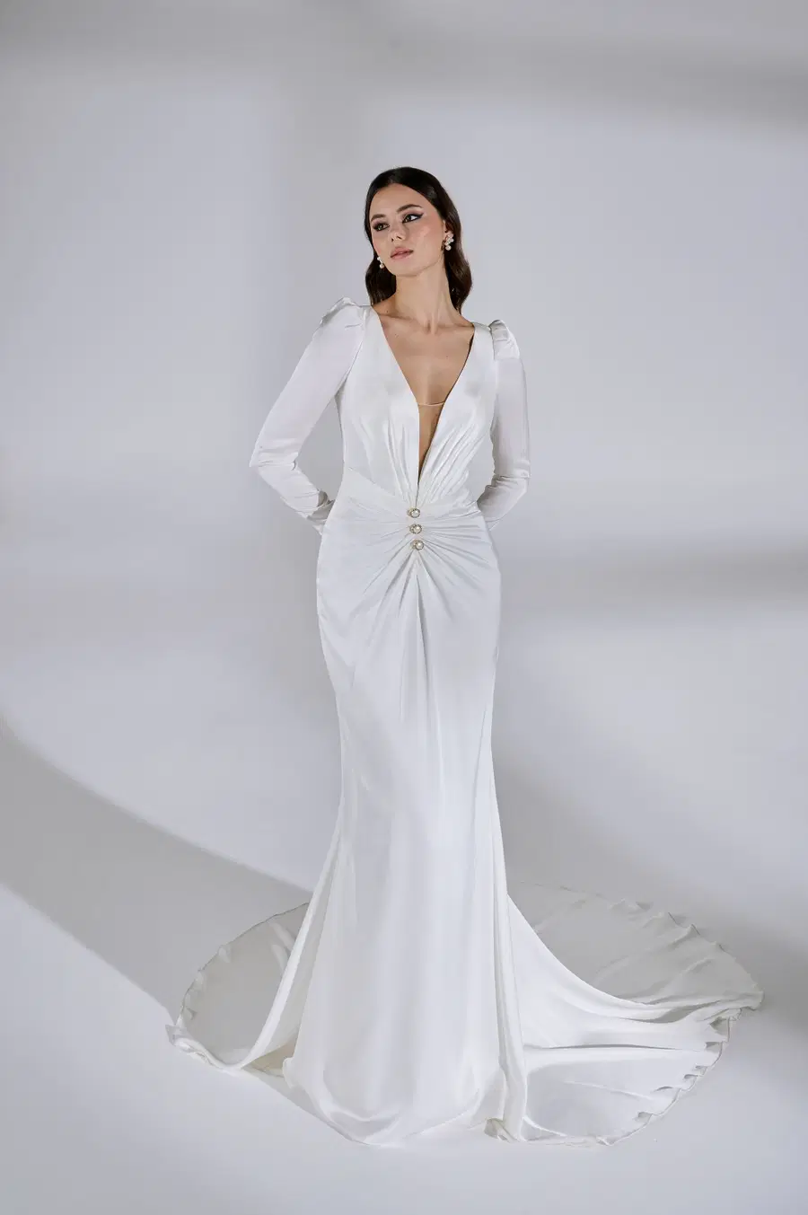 Tribeca by Avenue by Josephine Scott: Trumpet silhouette, deep V-neck neckline, long sleeves, satin