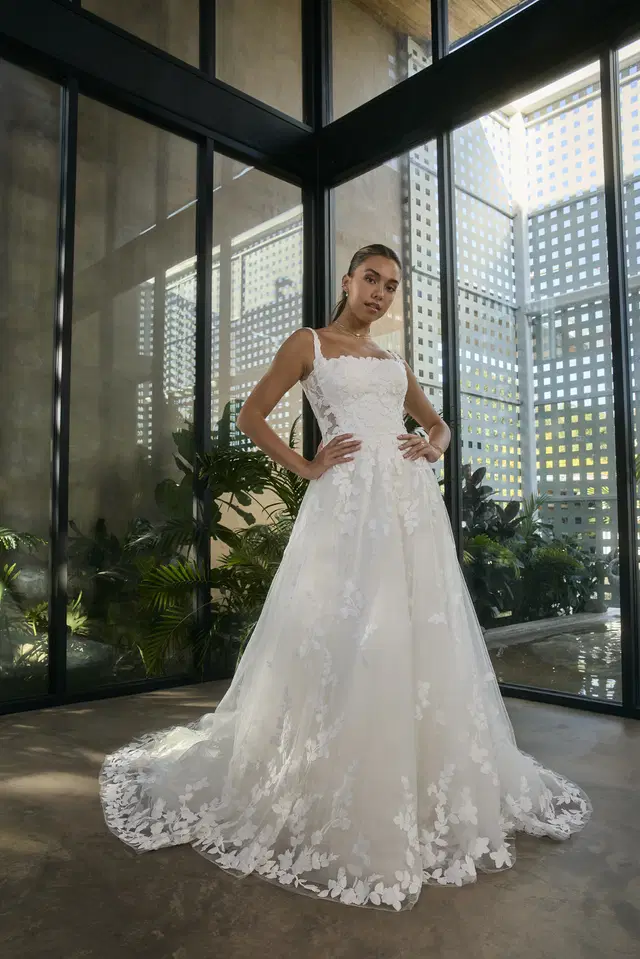 BL503 by Beloved by Casablanca: Fit & Flare silhouette, square neckline, short sleeves, lace