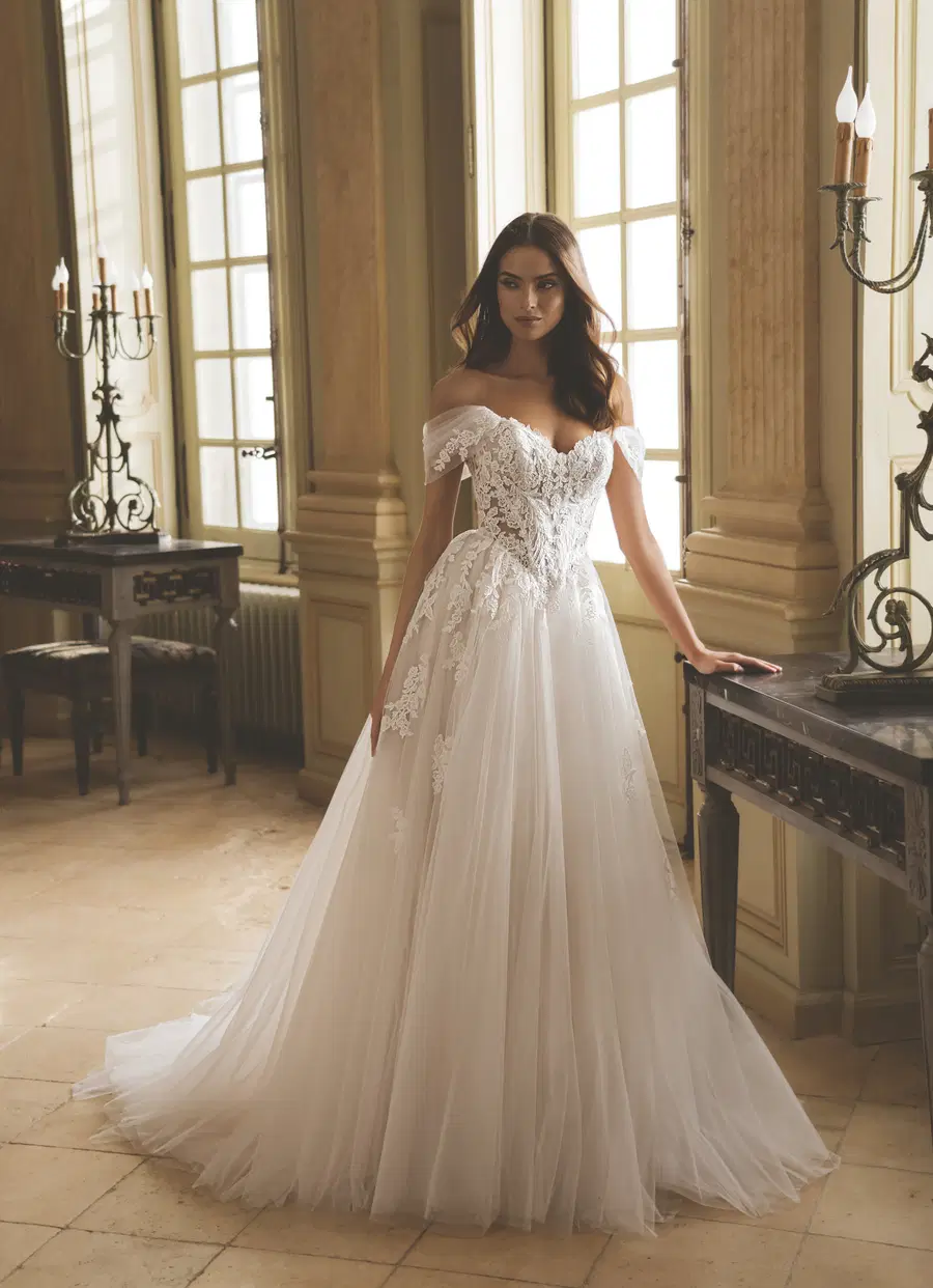 Gwyneth by ÉLYSÉE: A-Line silhouette, semi sweetheart neckline, tulle, chapel train