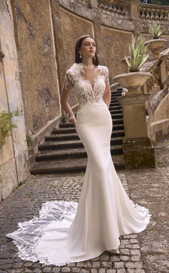 Abigail 63214 by Veni Infantino: Trumpet silhouette, long sleeves, lace