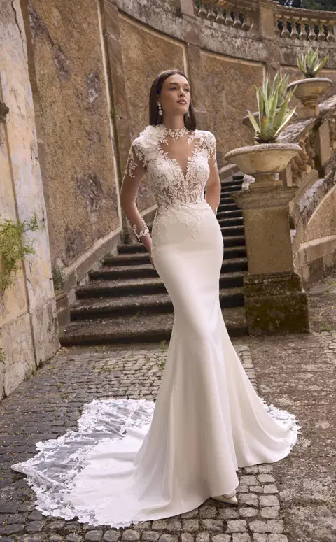 Abigail 63214 wedding dress by Veni Infantino, trumpet, lace
