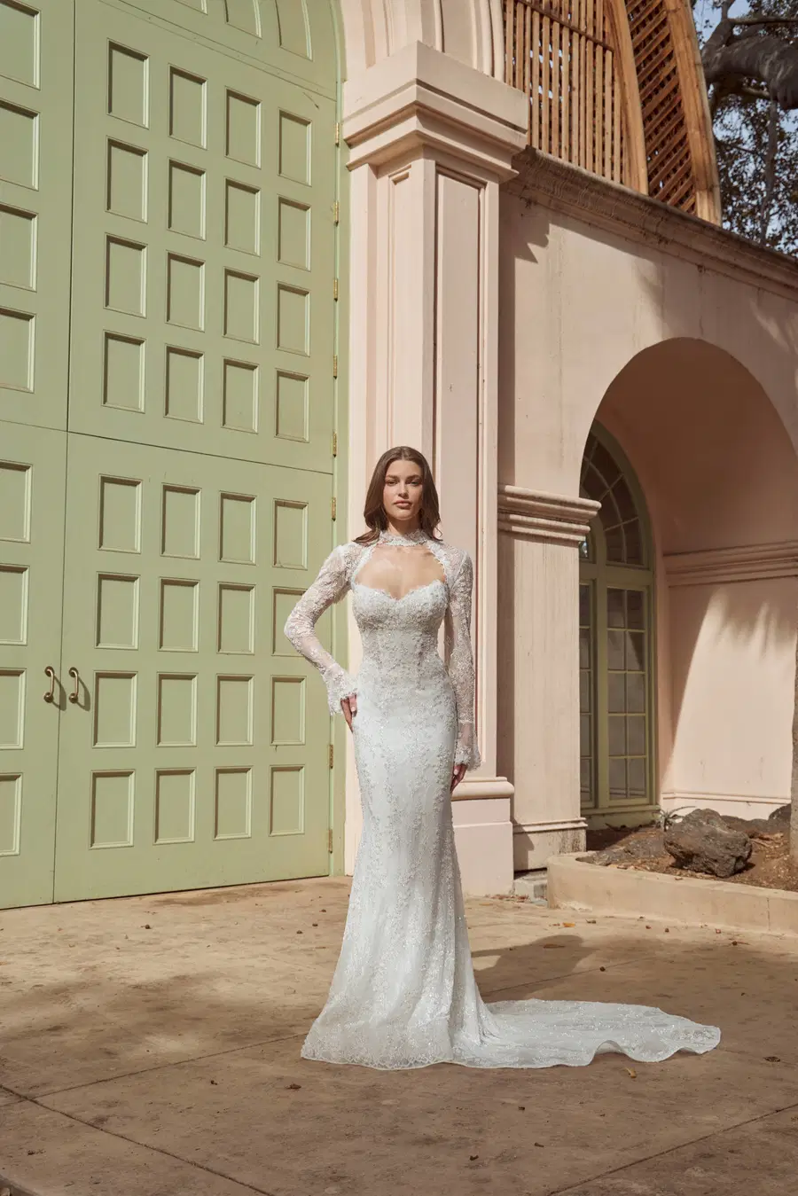 LA26262 Laura by Calla Blanche: Trumpet silhouette, long sleeves, lace, cathedral train