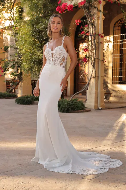 Arwen wedding dress by Azuree Bridal, fit & flare, crepe