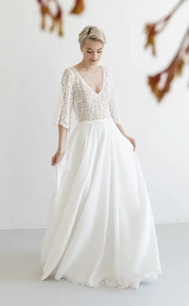 Lace Flower Bow by Kisui: A-Line silhouette, V-neck neckline, three-quarter sleeves, chiffon