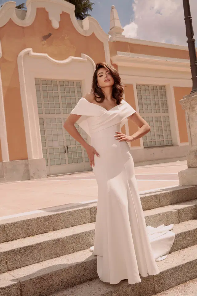 TO-2163T by Agnes: Trumpet silhouette, off-shoulder neckline, sleeveless, satin