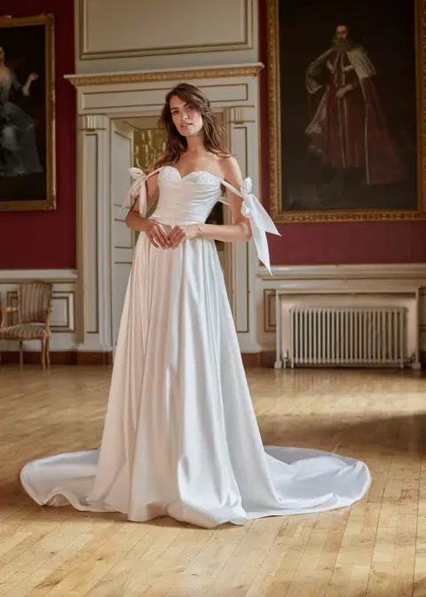 Radiant wedding dress by Dando London, A-line, satin