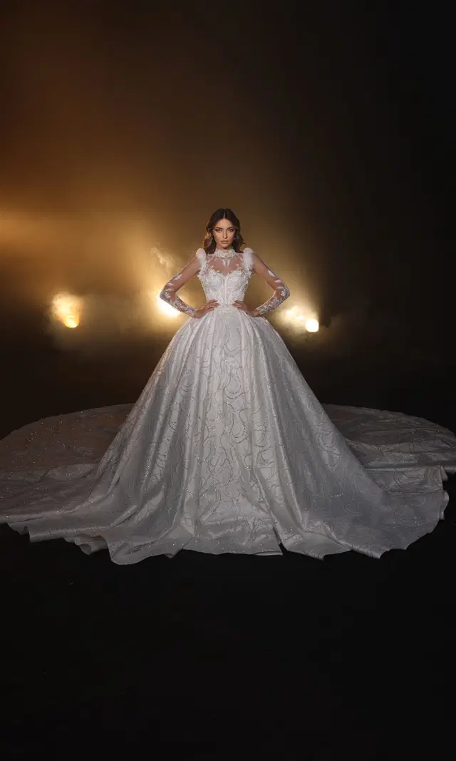 R 24-001 by Ricca Sposa: Ball Gown silhouette, illusion neckline, long sleeves, satin