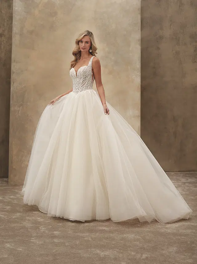 1550 by Demetrios: Ball Gown silhouette, sweetheart neckline, sleeveless, tulle