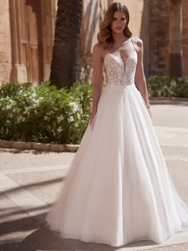 Nicoletta by Bianco Evento: A-Line silhouette, deep V-neck neckline, sleeveless, lace