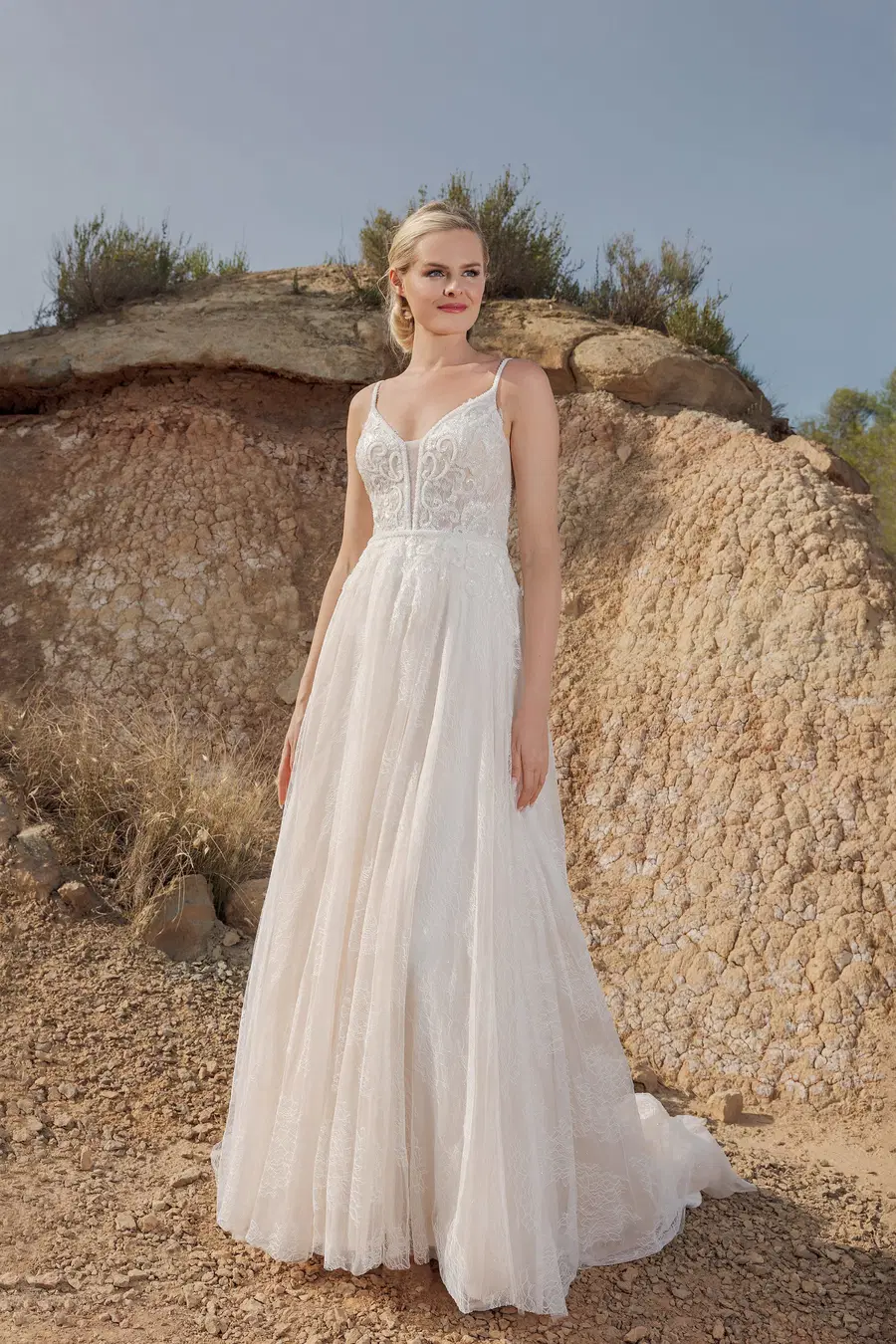 DT310 by Duett: A-Line silhouette, V-neck neckline, sleeveless, lace