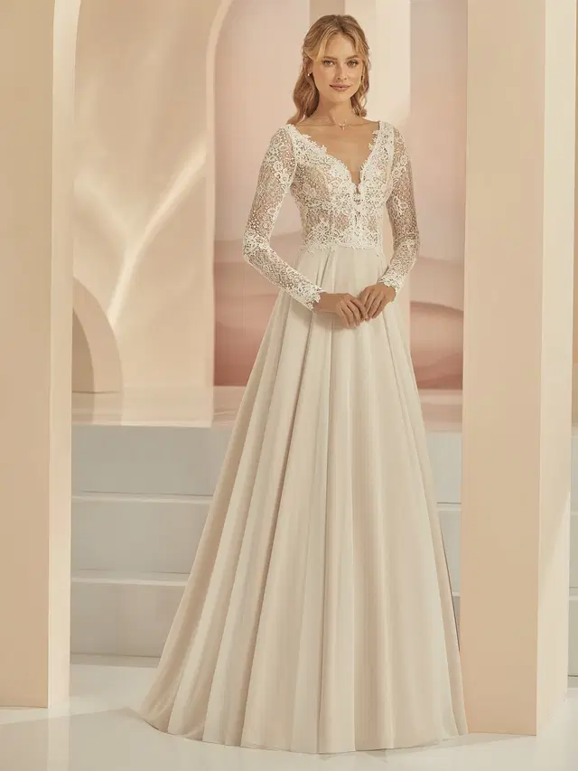 Famosa by Bianco Evento: A-Line silhouette, deep V-neck neckline, long sleeves, lace