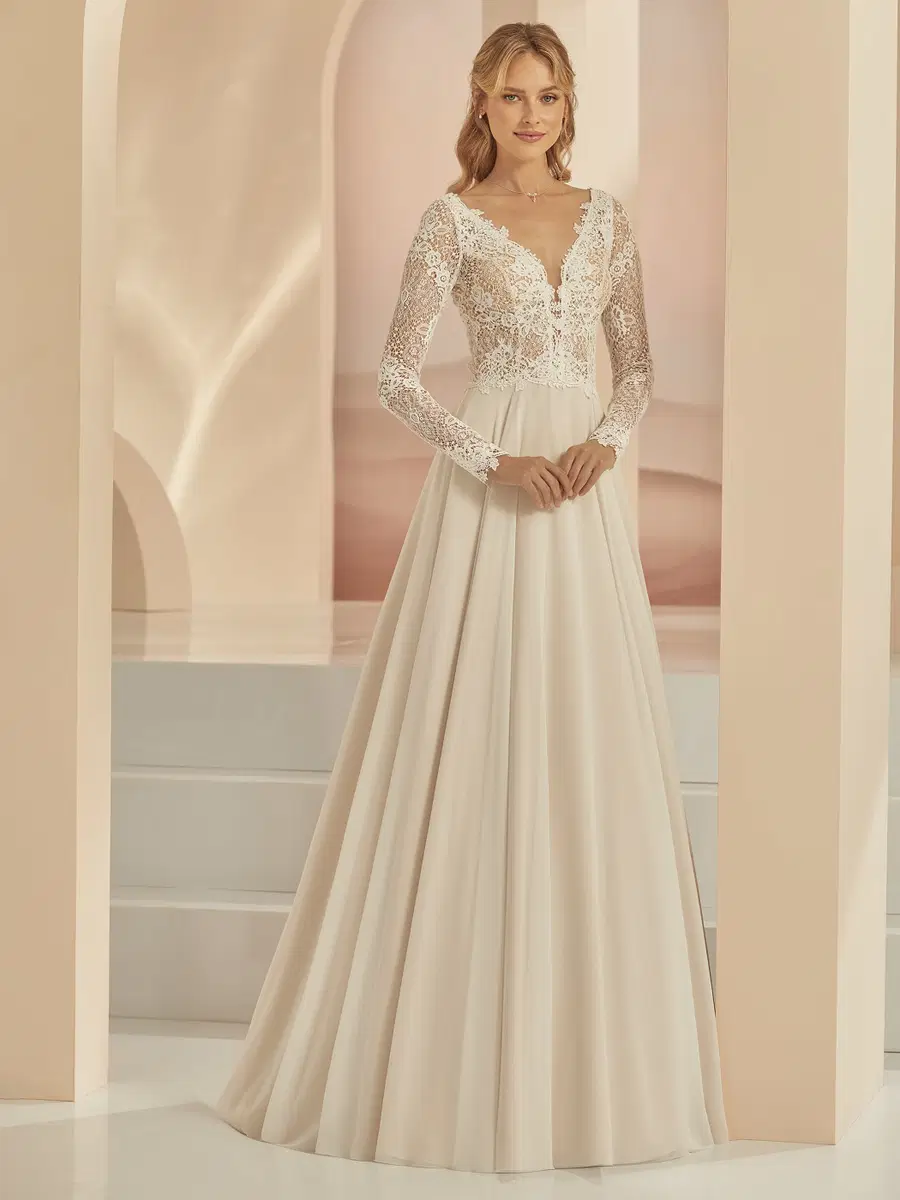 Famosa by Bianco Evento: A-Line silhouette, deep V-neck neckline, long sleeves, lace