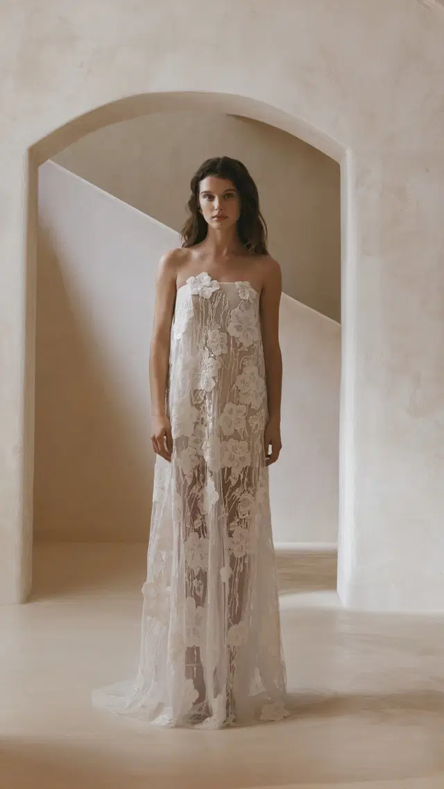 Dasha by Anna Kara: Straight silhouette, off-shoulder neckline, sleeveless, lace