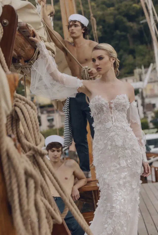 Febiana 24-014 by Ricca Sposa: Fit & Flare silhouette, sweetheart neckline, long sleeves, lace