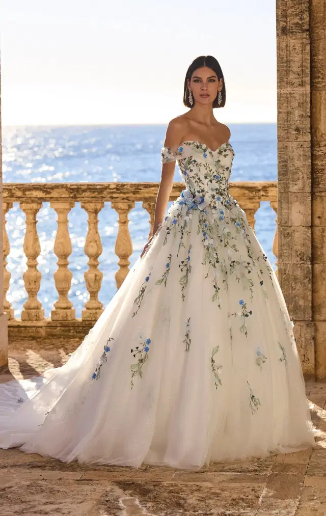 Harela by Veni Infantino: Ball Gown silhouette, off-shoulder neckline, cap sleeves, tulle