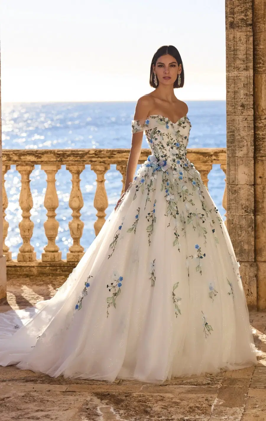 Harela by Veni Infantino: Ball Gown silhouette, off-shoulder neckline, cap sleeves, tulle
