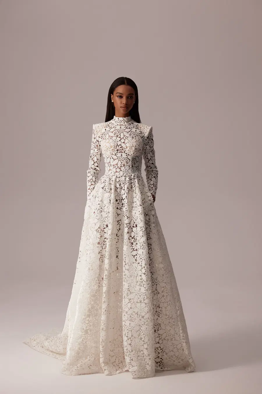 Meadow by Milla Nova: A-Line silhouette, high / halter neckline, long sleeves, lace