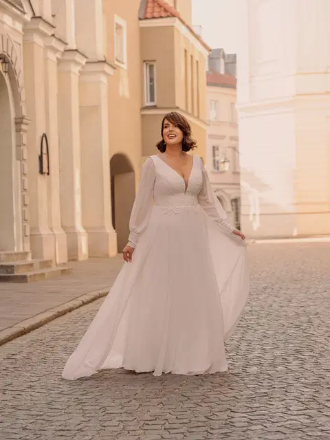 Style LO-486TZ wedding dress by Agnes, A-line, lace