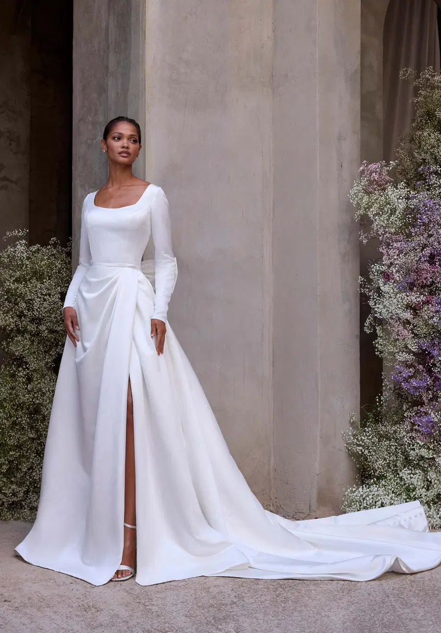 Virtue by Mori Lee: A-Line silhouette, scoop neckline, long sleeves, satin
