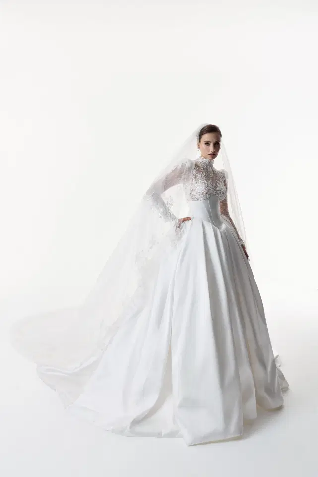 Annalise by Josephine Scott: Ball Gown silhouette, high / halter neckline, long sleeves, lace