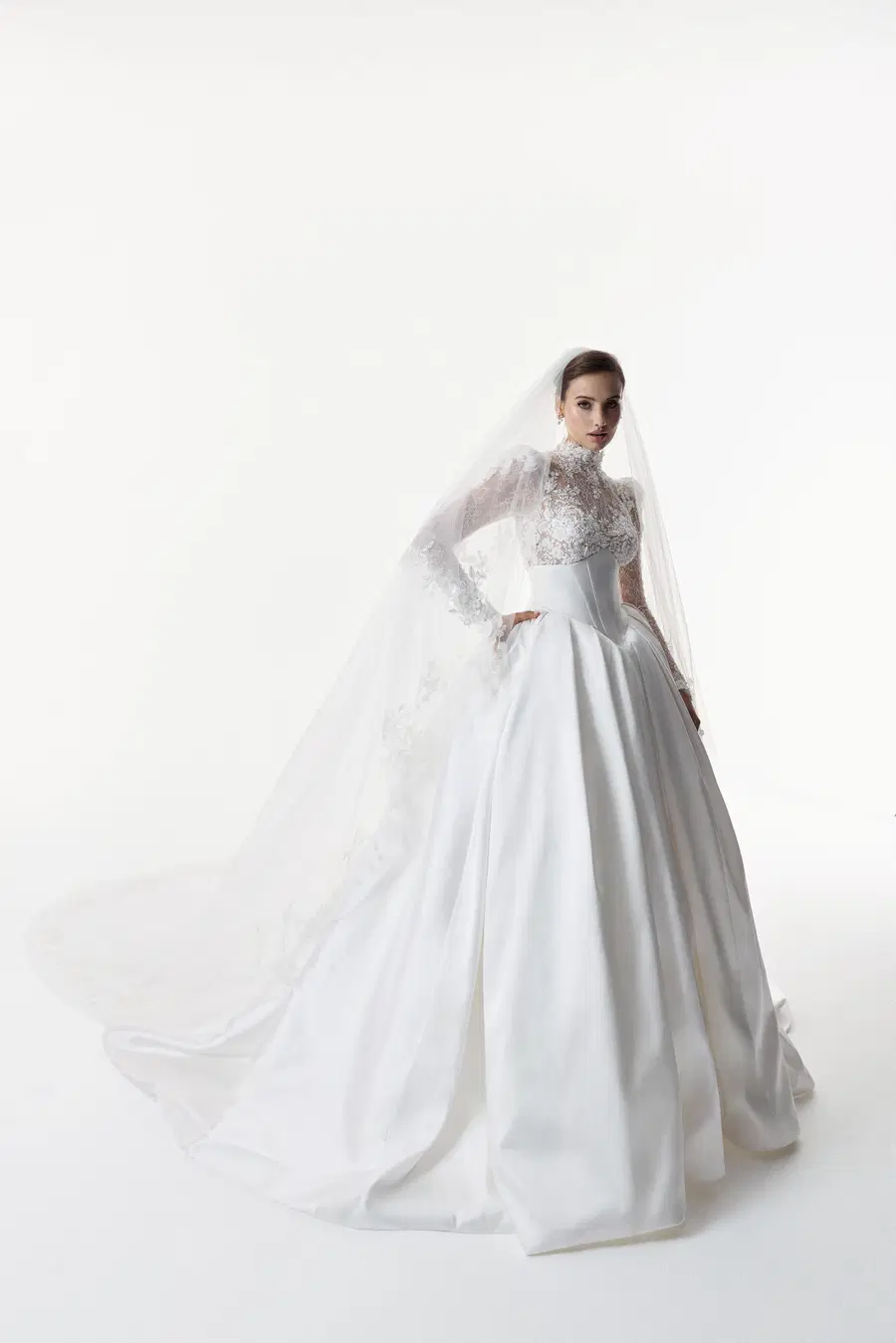 Annalise by Josephine Scott: Ball Gown silhouette, high / halter neckline, long sleeves, lace