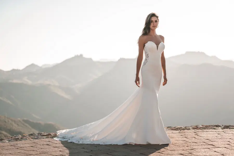 A1214 by Allure Bridals: Mermaid silhouette, sweetheart neckline, long sleeves, crepe