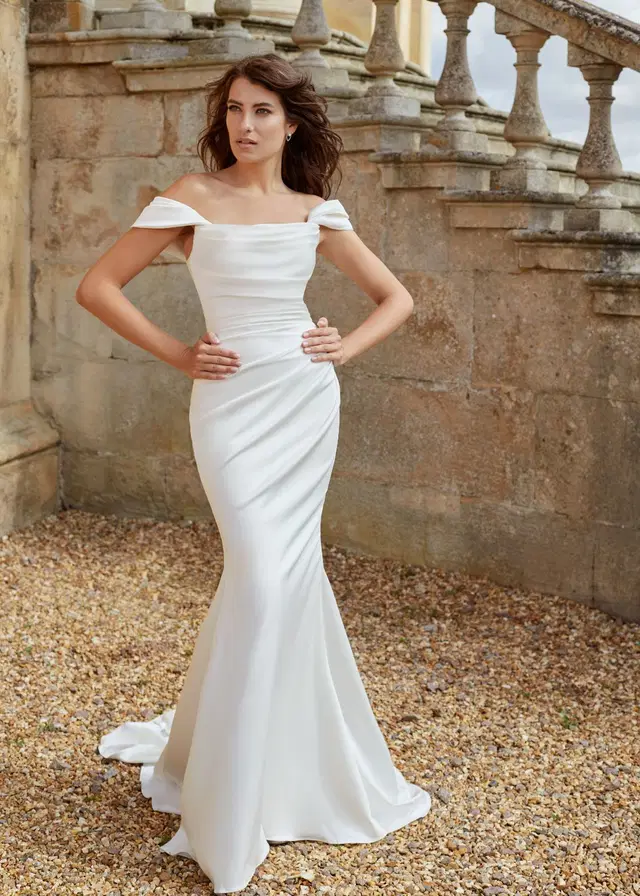 DEMURE by Dando London: Trumpet silhouette, scoop neckline, sleeveless, satin