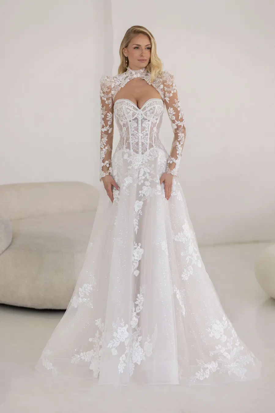 Liebe by Jarice: A-Line silhouette, high / halter neckline, long sleeves, lace