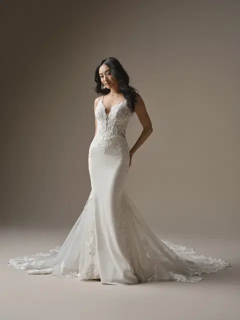 Noelle wedding dress by Maggie Sottero, fit & flare, crepe