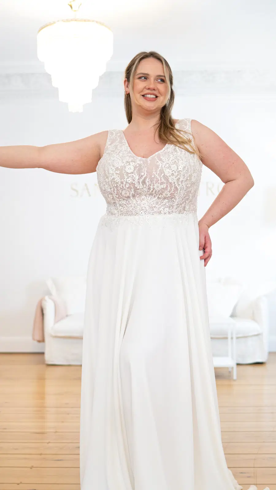 Gabriella by Sanna Lindström: V-neck neckline, sleeveless, chiffon, sweep / brush train