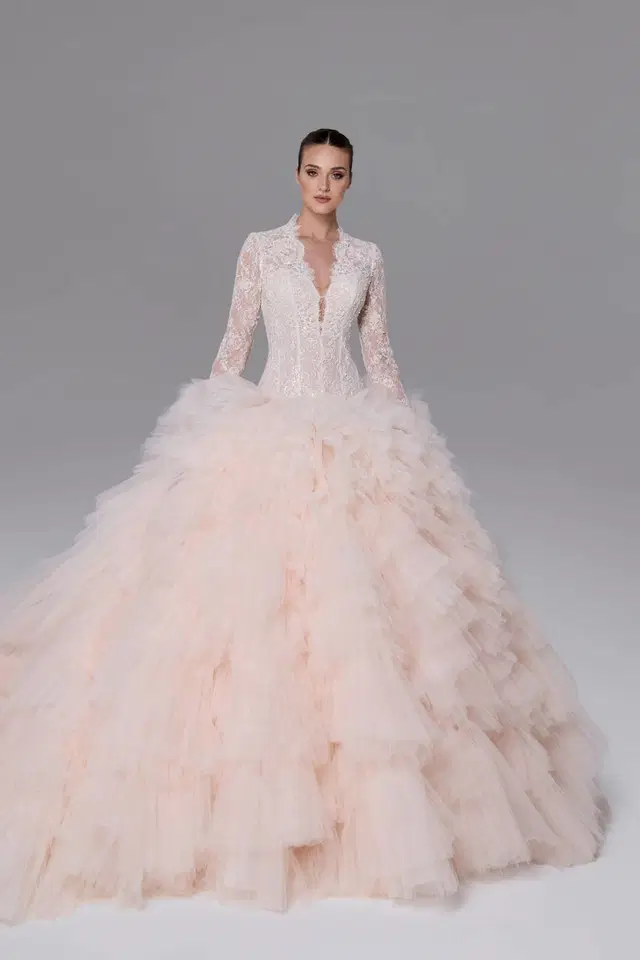 B26224 Lida by Calla Blanche: Ball Gown silhouette, deep V-neck neckline, long sleeves, lace