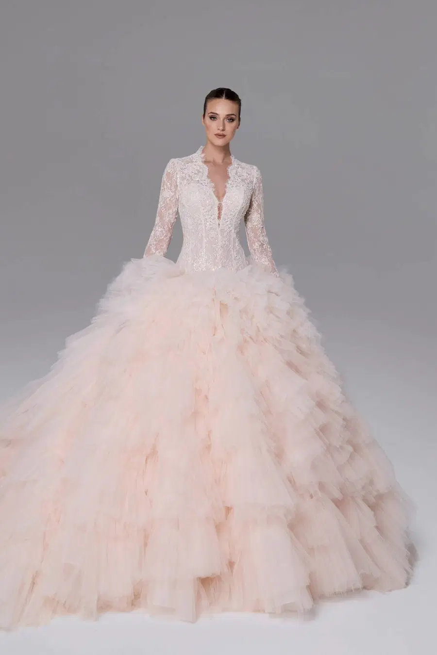 B26224 Lida by Calla Blanche: Ball Gown silhouette, deep V-neck neckline, long sleeves, lace